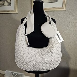 Steve Madden Ginger Woven Hobo Shoulder Bag Chalk White Faux Leather Coin Pouch